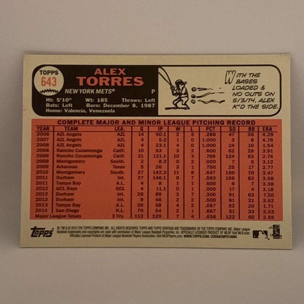 2015 Topps Heritage Alex Torres Mets #643 (MISC3)
